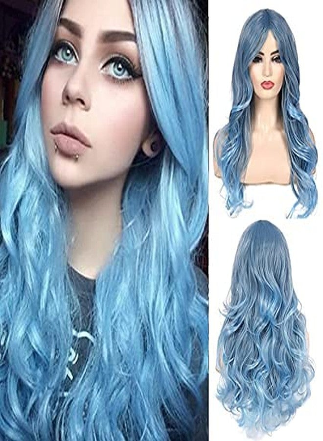 Beweig Blue Wig for Women Long Curly Wavy Pastel Blue Wig Side Part Synthetic Halloween Cosplay Wig with Wig Cap - Image 2